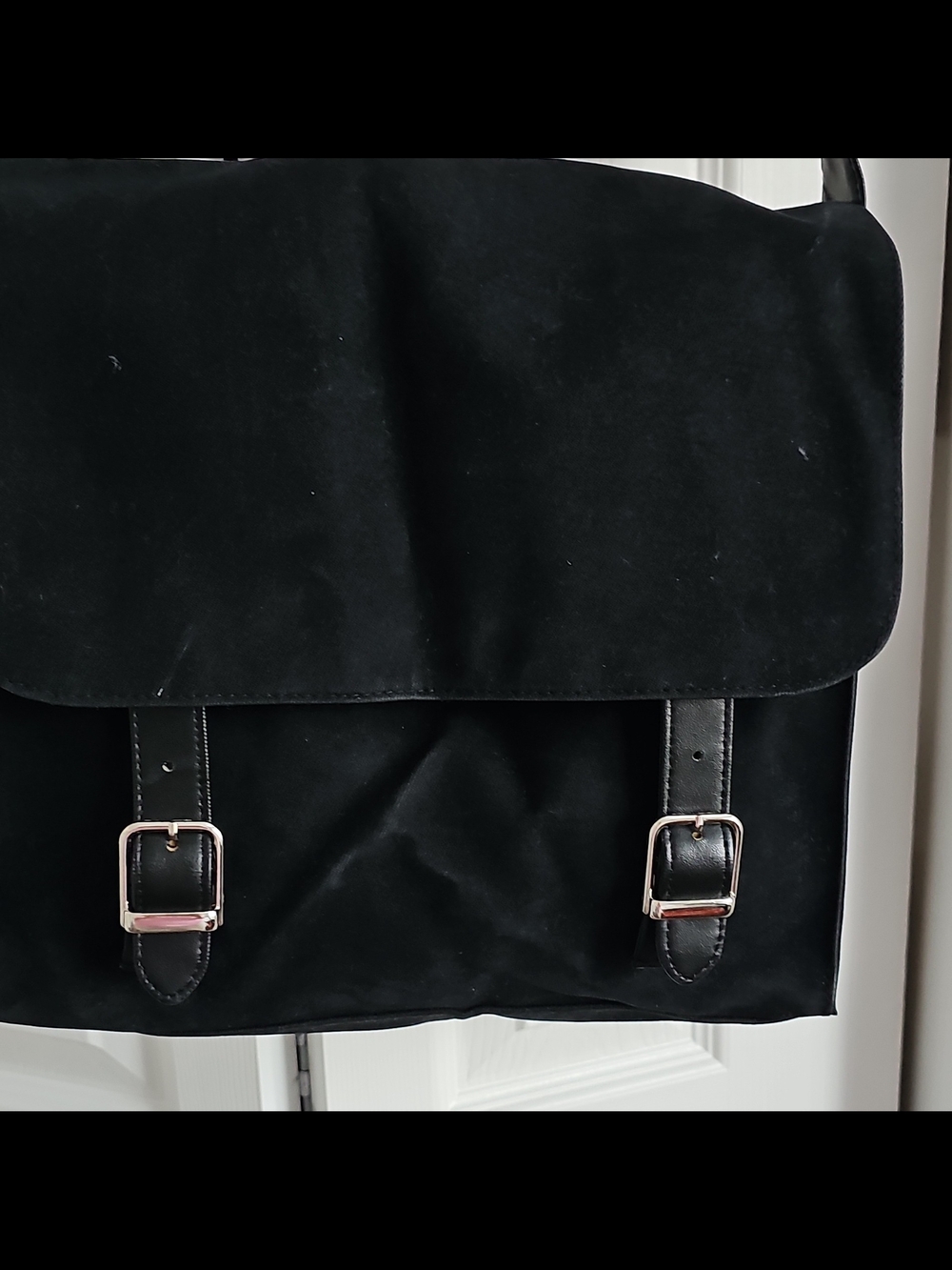 HUGO Black Suede Messenger Bag with Buckle Straps